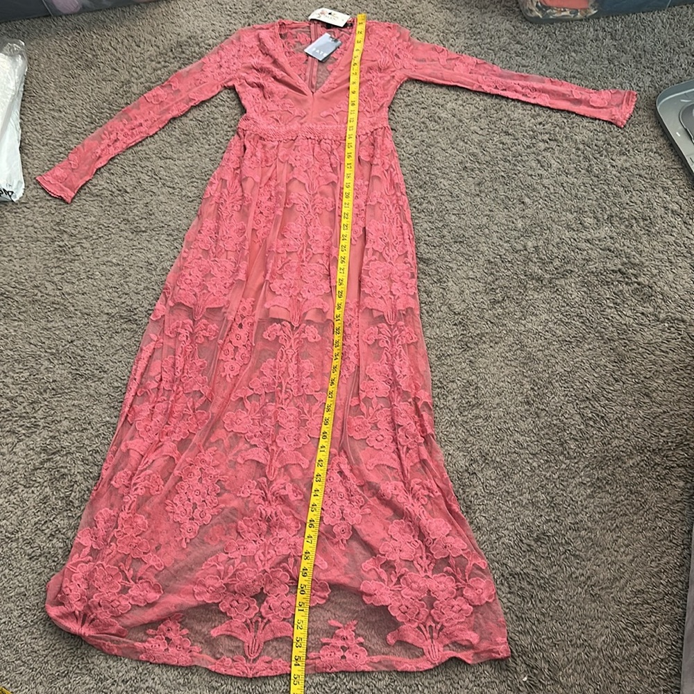 pink lacey embroidered sheer sleeve and back maxi‎ dress nwt - Picture 12 of 12